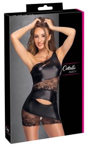 Cottelli PARTY – sukienka mini asymetryczna z koronką, czarna, S, wycięcia