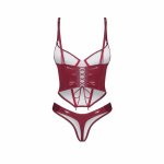 Obsessive Redya komplet gorset i stringi czerwony, regulowany, połyskujący materiał S/M