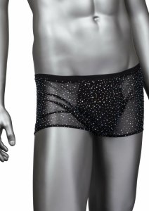 CalExotics Radiance Boxer Briefs czarne siateczkowe bokserki z kryształkami, anatomiczne