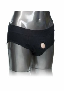 CalExotics Packer Gear Brief Harness – czarne majtki XS/S z systemem mocowania i kieszenią na stymulator