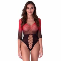 PASSION BS118 bodystocking siateczkowy czarno-czerwony, rękaw 3/4, elastyczny