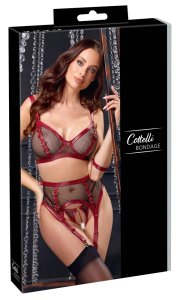 Cottelli Bondage Bra Set S – komplet z siateczki i matowej tkaniny, czarno-czerwony, złote detale