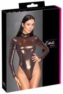 Cottelli PARTY Body z długim rękawem S, połyskujący rożowo-miedziany, fason string z wycięciem na plecach