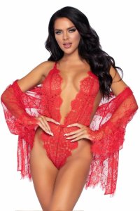 Leg Avenue Set Body & Kimono – czerwony komplet z delikatnej koronki, uniwersalny rozmiar