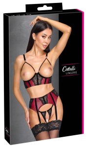 Cottelli LINGERIE komplet 3-częściowy L bordowy z czarną koronką i ozdobnymi łańcuszkami