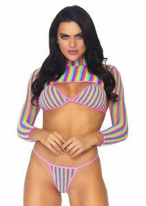 Leg Avenue Rainbow Bikini Top & String & Crop Top 3-częściowy zestaw siateczkowy, tęczowy