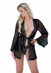 Obsessive Sheer Kimono and String komplet siateczkowy z koronką i satynowym paskiem, czarny