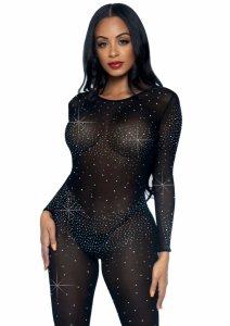 Sheer Rhinestone Catsuit transparentny kombinezon z kryształkami i długim rękawem XS
