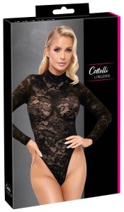 Cottelli LINGERIE Lace Body czarny 2XL, długi rękaw, elastyczna koronka, stojkowy kołnierz