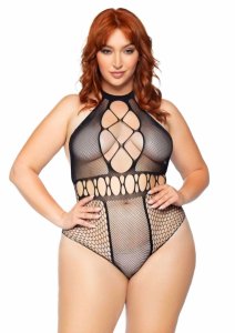 Plus Seamless Halter Bodysuit – czarny bezszwowy body z siateczką, halter XL/XXL