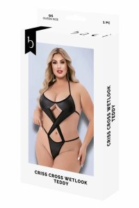 Baci CRISS CROSS WETLOOK TEDDY BLACK, QS – body z połyskiem, czarne, krzyżujące paski, Queen Size