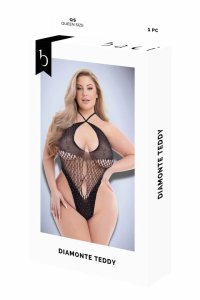 Baci Diamonte Teddy QS – czarny kostium siateczkowy z połyskiem, regulowany halter