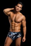 ENVY Camo Trunks Navy S/M – bokserki z dog tagiem, granatowy kamuflaż, S/M