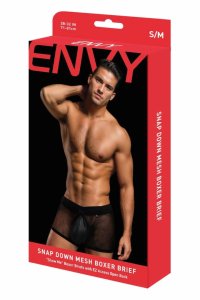 ENVY SNAP DOWN Mesh Boxer Brief Black M/L – przewiewne bokserki z siateczki, otwarty tył, kieszonka na zatrzask, M/L
