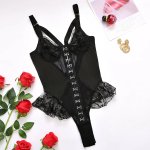 Ruffled Lace Mesh Bodysuit S/M Black body z siateczką, koronką i zapięciem na haftki