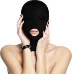 Ouch! Submission maska na głowę z otworem na usta, elastyczna, czarna, anatomiczny krój