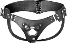 XR Brands Harness Corset Style regulowana uprząż z ekoskóry, gorsetowy tył, uniwersalna czarna