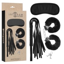 Intense Fetish – zestaw akcesoriów: kajdanki, opaska, flogger, skóra wegańska, czarny