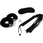 Intense Fetish – zestaw akcesoriów: kajdanki, opaska, flogger, skóra wegańska, czarny
