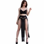 Chilirose CR 4672 czarny komplet S – top, spodnica, stringi z odpinanymi złotymi łańcuchami