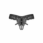 Obsessive Trinise String L/XL – czarny koronkowy model z łańcuszkiem pereł i otwartą konstrukcją