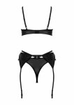 Blackelia 3pcs set komplet bielizny z lateksowym połyskiem, czarny, regulowany