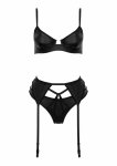 Blackelia 3pcs set komplet bielizny z lateksowym połyskiem, czarny, regulowany