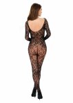 Bodystocking BG004 czarny elegancki model z siateczką, wzorem i zamkniętym krokiem
