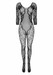 Bodystocking BG004 czarny elegancki model z siateczką, wzorem i zamkniętym krokiem