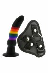 ESSENTIALS Strap On Solid Dildo zestaw silikonowy tęczowy z regulowaną uprzężą i metalowym pierścieniem