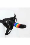 ESSENTIALS Strap On Solid Dildo zestaw silikonowy tęczowy z regulowaną uprzężą i metalowym pierścieniem