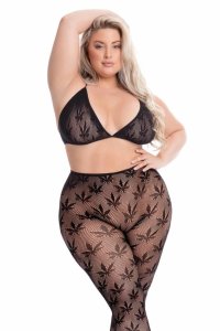 All About Leaf Bra Set Black Plus Size – komplet z siateczki z haftem liści, biustonosz i legginsy