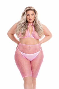 SUNSET GLOW BIKE SHORT SET PINK Plus Size – sportowy komplet siateczkowy, różowy, top i szorty