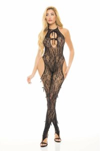 LOVE ME HARDER Bodystocking Black OS – koronkowy jednoczęściowy stroj z kokardkami, elastyczny materiał