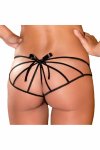 CROTCHLESS Cage Back Boyshort Black M/L – figi z ozdobnym tyłem, paski i kokardka, wycięcie