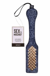 SPORTSHEETS Cougar Studded Paddle granatowy z panterką, złote nity, syntetyczna skóra