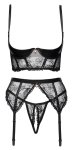 Cottelli LINGERIE Shelf Bra Set 85B/L czarny wetlook z cekinami i tiulem, 3-częściowy, L