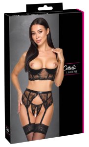 Cottelli LINGERIE Shelf Bra Set 3-częściowy XL czarny wetlook z tiulem i cekinami, 90B