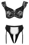 Cottelli COSTUMES Maid Set M czarno-biały komplet z koronką, top i stringi z paskami