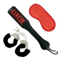 S&M Sweet Punishment Kit zestaw akcesoriów kajdanki, packa XOXO i satynowa opaska