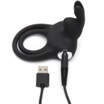 Happy Rabbit Black – silikonowy pierścień wibrujący z 2 pętlami, 12 programów, USB
