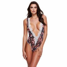 Baci Body Floral Teddy Grey S/M – szare body z kwiatowym wzorem i koronką