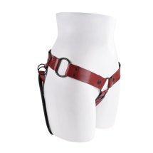 Sportsheets Saffron Monte – regulowana uprząż strap-on z ekoskóry, czerwona, O-ring