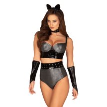Obsessive Silveria komplet bielizny czarny L/XL, usztywniany top, połyskujące dodatki
