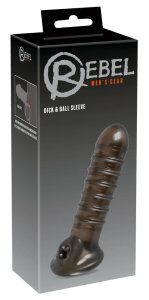 Rebel Nakładka czarna TPR 18 cm z otworem na jądra i rowkami, anatomiczny model