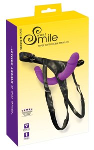 Sweet Smile Double Strap-On – Regulowana uprząż z dwoma silikonowymi wkładami, fioletowa
