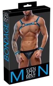 Svenjoyment Bondage Uprząż Męska z Slipami i Mankietami S Czarna/Niebieska Neoprenowa