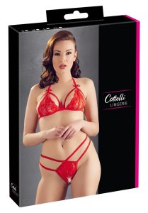 Cottelli Collection komplet koronkowy biustonosz i stringi czerwony M, otwierane miseczki