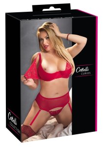 Cottelli Curves komplet koronkowy czerwony biustonosz i stringi 95D/2XL, regulowane elementy