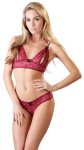 Cottelli Lingerie komplet koronkowy czerwony L, otwarty biustonosz i stringi z kokardkami